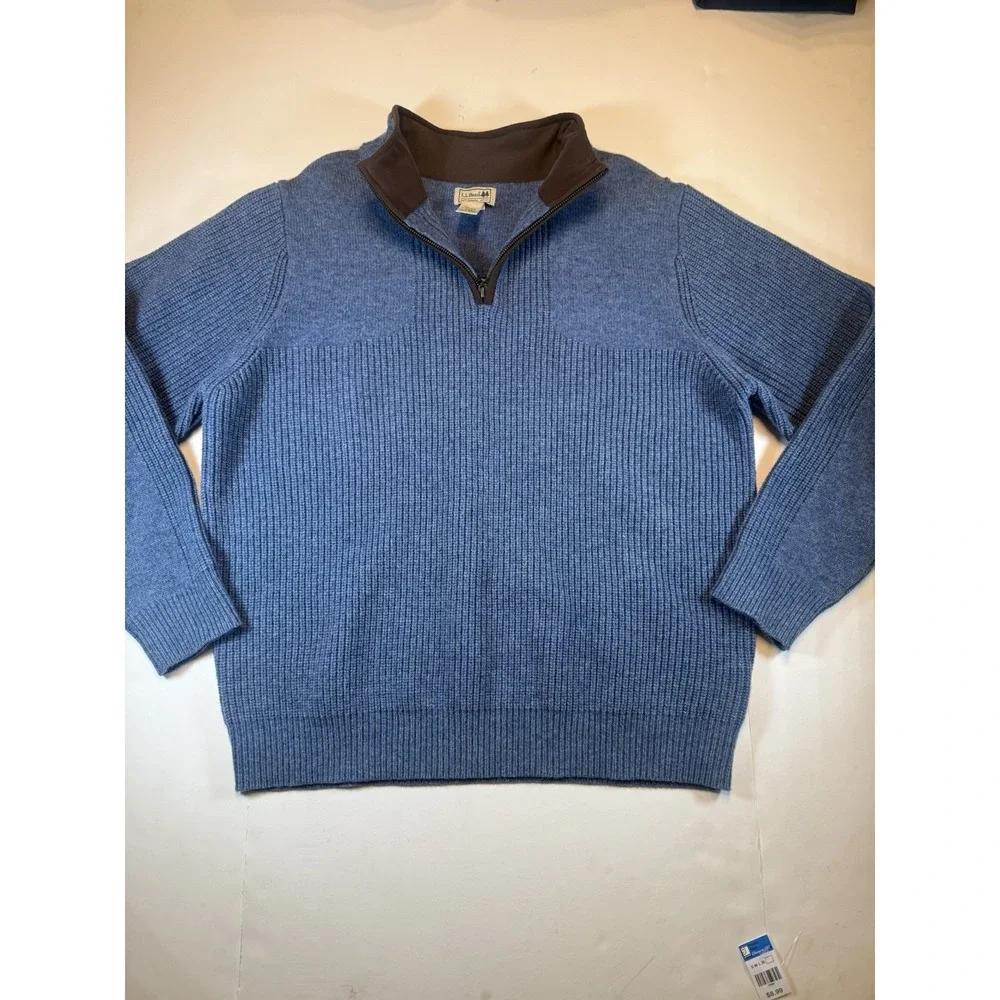 LL Bean Sweater Mens Blue Merino Lambswool 1/4 Zip Brown Collar‎ 237808 Large